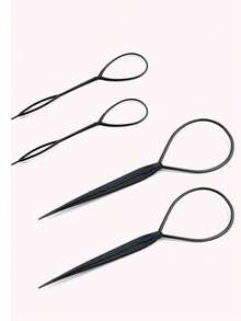 4pcs Black Hair Braiding Tools, For Creating Fluffy Braided Hairstyles, Girls Ponytail Styling Tools, Bridal Curly Hair Styling Tools, Plastic Ring Hair Accessories Set - Multicolor - View 8