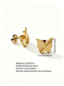 VceTd 2/4PCS Classic Textured Design Heart/Butterfly Shaped Stainless Steel Stud Earrings For Women, Suitable For Daily Wear, Holiday Occasions Or Gifts - Yellow Gold - View 11
