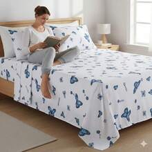 Single Sheet Set With 2 Pieces Printed Cotton Fabric With Elastic All Around And Pillowcase In Matchstick Stitch - Baby Blue - View 3