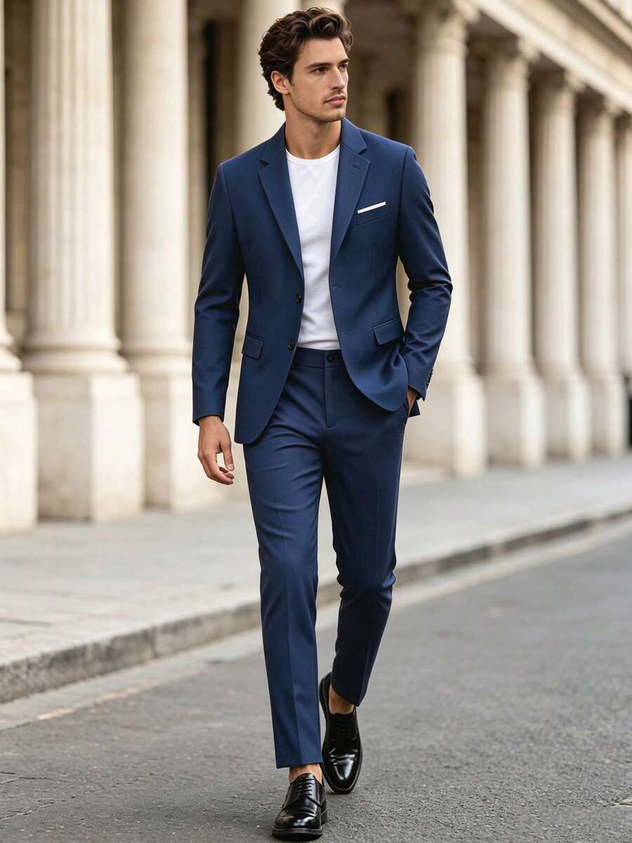 Men's Suit Jacket Set, Gentleman Solid Color 2-Piece Jacket & Tie Set, Long Sleeve Double-Button Slim Fit Single-Breasted, Travel Wedding Party Business Dance - Navy Blue - View 1