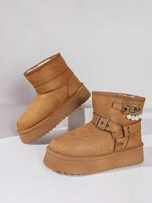 1 Pair Sweet & Cool Metal Buckle Snow Boots, Pearl Pendant Decor, Thick Sole Height-Increasing, Thermal Lined, Versatile Ankle Boots For Women - Camel - View 3