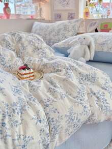 Ensemble de housse de couette bleu clair à motif floral de vigne, comprend 1*Housse de couette+1*Drap de lit+2*Taies d'oreiller, imprimé de plante en peinture à l'huile bleue, décoration de chambre belle et confortable, convient pour toutes les saisons, 100% polyester, housse de couette et taies d'oreiller sans rembourrage - Bleu ciel - Voir 6