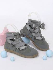 Girls' Gentle Ballet Style Casual Shoes, Self-Tie Grey Bow Satin Ribbon Flat Shoes, Suitable For All-Season Outings And Daily Wear - Grey - View 2