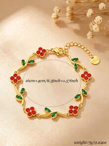 1pc 18K Gold-Plated Stainless Steel Multi-Color Flower Leaf Clover Bracelet, Light Luxury Retro Flower Zirconia Women's Accessory - Gold 13 - View 5