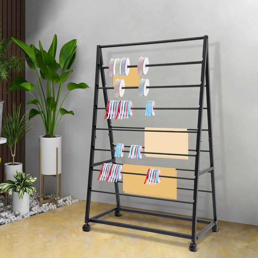 Iron Ribbon Display Storage Organizer With Wheels Ribbon Holder Organizer Rack - Black - View 1