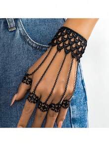 Gothic Black Lace Hand Chain Bracelet With Finger Rings Bracelet Vintage Punk Cosplay Party Hand Jewelry For Women - Black - View 3