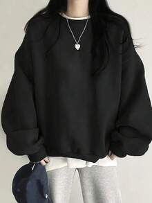 Women's Minimalist Black Personalized Loose Casual Comfortable Home Daily Commute Versatile Round Neck Long Sleeve Sweatshirt - Black - View 3