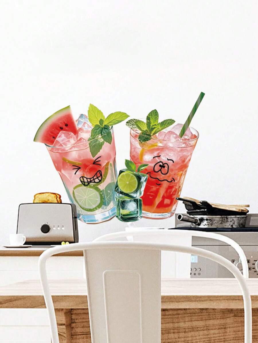 1pc Cartoon Expression Mint Lime Watermelon Iced Drink Wall Decor Sticker, Removable Room Decoration Wall Decal For Bedroom, Living Room, Kitchen - 1PC - View 1