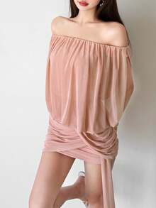 Elegant & Sexy Sleeveless Knitted Bodycon Dress For Women, Off Shoulder Ruched Design, Short Mini Length - Pink - View 2