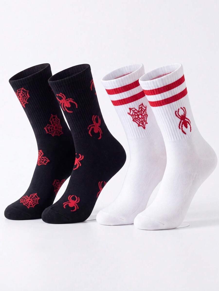 2/4 Pairs Men's Gothic Style Halloween AB Mid-Calf Socks, Printed With Spider And Spider Web Patterns, Fun Mid-Calf Socks, Versatile And Comfortable, Suitable For Halloween, Daily Sports Wear, Back To School Season, Perfect Gift