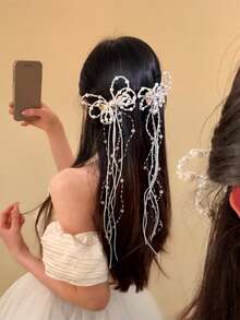 2pcs/1pc Pearl Rhinestone Bow Long Tassel Crocodile Clip Hair Clip, Fairy-Like Draping Tassel Side Hair Pin, Elegant Hair Accessory For Women Wedding Hanfu - White - View 2