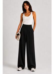 Women's High Waist Asymmetric Wrap Front Button Detail Wide Leg Pants - 黑色 - 查看 3