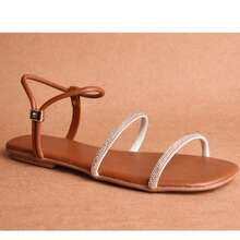 Sandália Feminina Casual Rasteira Tiras Finas Bico Quadrado Elegante Leve Confortável Moda Feminina - Marrom - Visão 8