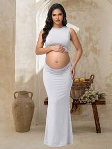 JustVH Maternity Sleeveless Solid Color Crop Top + Skirt 2 Pieces Set, Suitable For Photos, Baby Shower, Summer Party - Light Grey - View 3