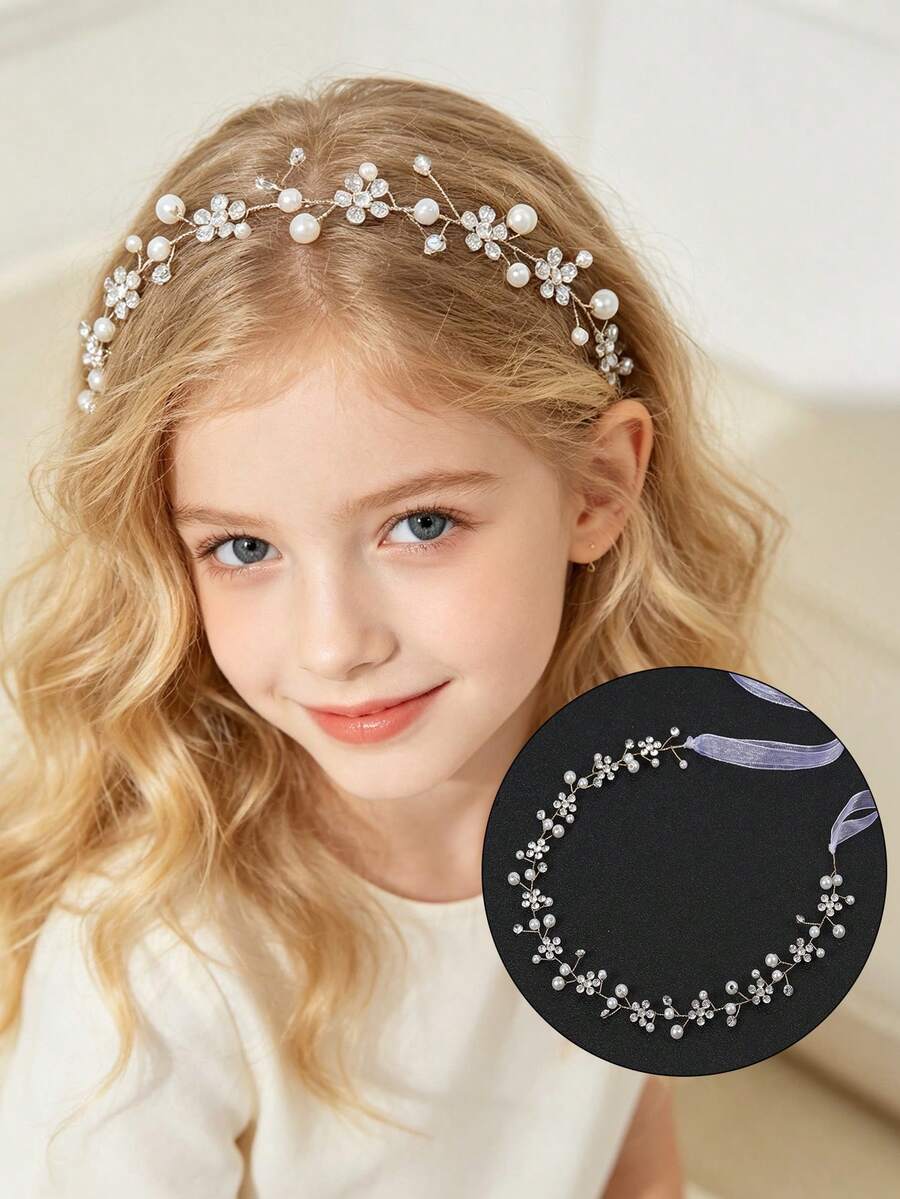 1pc Children's Crystal Flower Decorated Headband, Palace Style Pearl ...