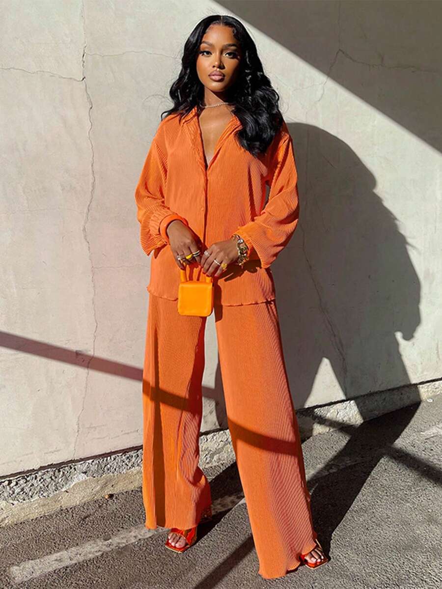 Fall/Spring Fashionable Casual Pleated Shirt Two-Piece Set: Women's Comfortable Cuffed Wide-Leg Pants Set - 橘色 - 查看 1