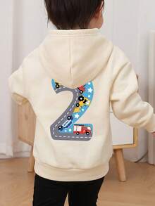 1pc Boys Toddler Hooded Sweatshirt, Construction Truck & Number 2 Cartoon Print, Cream White Loose Fit Pullover Sweatshirt For Spring And Autumn - Apricot - View 2