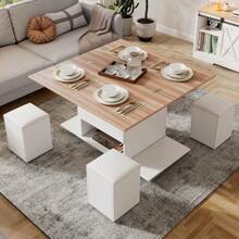 Height-Adjustable Coffee Table, 3-In-1 Multifunctional Table, Living Room Table With Storage, Convertible To Living Room Dining Table, Work Table With Wheels And 4 Stools, 100x50x48 Cm, White + Wood Tone - 自然色 - 查看 2