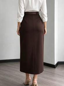 Autumn/Winter High Waist Slit Sexy Brown Lace Patchwork Elegant Long Skirt Niche Luxury - Brown - View 5