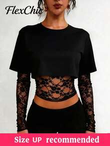 FLEXCHIC Plus Size Stretchy See-Through Long Sleeve Large Round Neck Slim Fit T-Shirt Going Out Tops,Valentine's Day - Black - View 4
