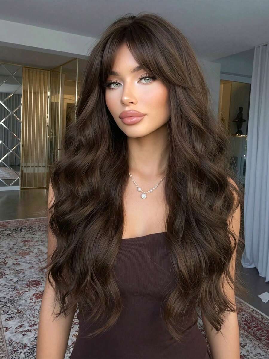 Long Curly Brown Wig With Bangs, Braided Synthetic Hair Fibers, Realistic Scalp Effect For Everyday Wear
