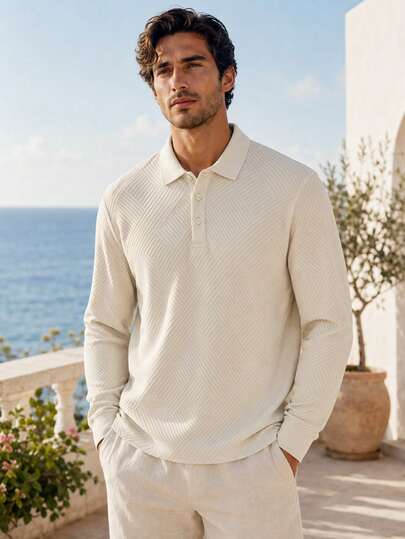 1pc Khaki Diamond Jacquard Men's Long Sleeve Polo Shirt, Men's Vacation Polo Shirt, Men's T-Shirt, Classic 3-Button Design, Casual Vacation Style, Machine Washable, Island Casual Vacation, Gentleman Elegant Boyfriend Gift