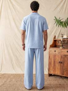 glestore Men's Retro-Style Casual Solid-Color Short-Sleeve Top And Pants Set-Casual, Comfortable, Stylish, And Versatile; Perfect For Spring, Summer, And Fall - Baby Blue - View 2