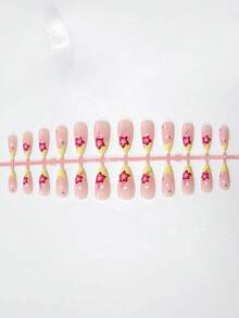 24pcs Short Oval Press-On Nails, French Short Nails, Floral Line Art Design, Glossy Full Coverage, Suitable For Women And Girls, Y2K Style Fake Nails, Gift For Her - Multicolor - View 7