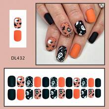 24 piezas de uñas postizas cuadradas y lindas, cortas y coloridas con patrón de fantasma y calavera para Halloween - Multicolor - Ver 3