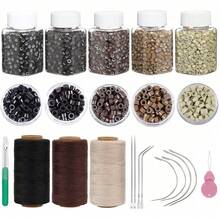 Kit de extensiones de cabello para coser, 2500 cuentas de anillo con revestimiento de silicona, hilo de coser, enhebrador de aguja de bucle, aguja de gancho para tirar - Ver 1