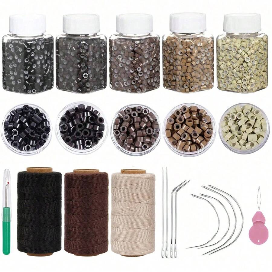 Kit de extensiones de cabello para coser, 2500 cuentas de anillo con revestimiento de silicona, hilo de coser, enhebrador de aguja de bucle, aguja de gancho para tirar - Ver 1