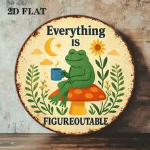 2D平面圓形裝飾牌，復古牌匾印有「Everything Is Figureoutable」，青蛙蘑菇咖啡裝飾標誌，適用於咖啡廳、書房（孔位隨機） - A - 查看 4