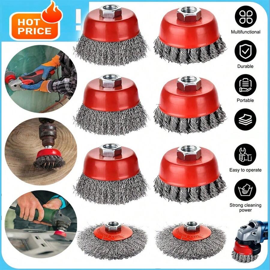 8Pcs M14 Threaded Wire Brush Set 3 Types Angle Grinder Attachment, Heavy Duty Wire Wheels For Rust Paint Welding Slag Removal Metal Cleaning Grinding Polishing - A - View 1