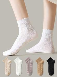 ZUJO 5 Pairs Women's Lace Diamond Grid Cable Knit Short Socks, Simple And Comfortable, Suitable For All Seasons - Multicolor - View 3