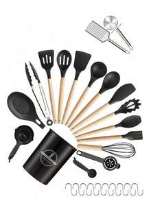 5/12/14/36pcs Kitchen Cooking Utensils Set,Non-Stick Silicone Cooking Kitchen Utensils Spatula Set With Holder, Wooden Handle Silicone Kitchen Gadgets Utensil Set - Multicolor - View 2