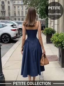 Soulscape Women's Petite Elegant Sexy Solid Color Spaghetti Strap Dress, Tailored Design Flatters Figure Summer - Navy Blue - View 4