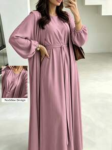 1 Set Soft Muslim 3-Piece Abaya Dress Inner Layer + Cardigan + Belt Classic Versatile Style - Multicolor - View 5