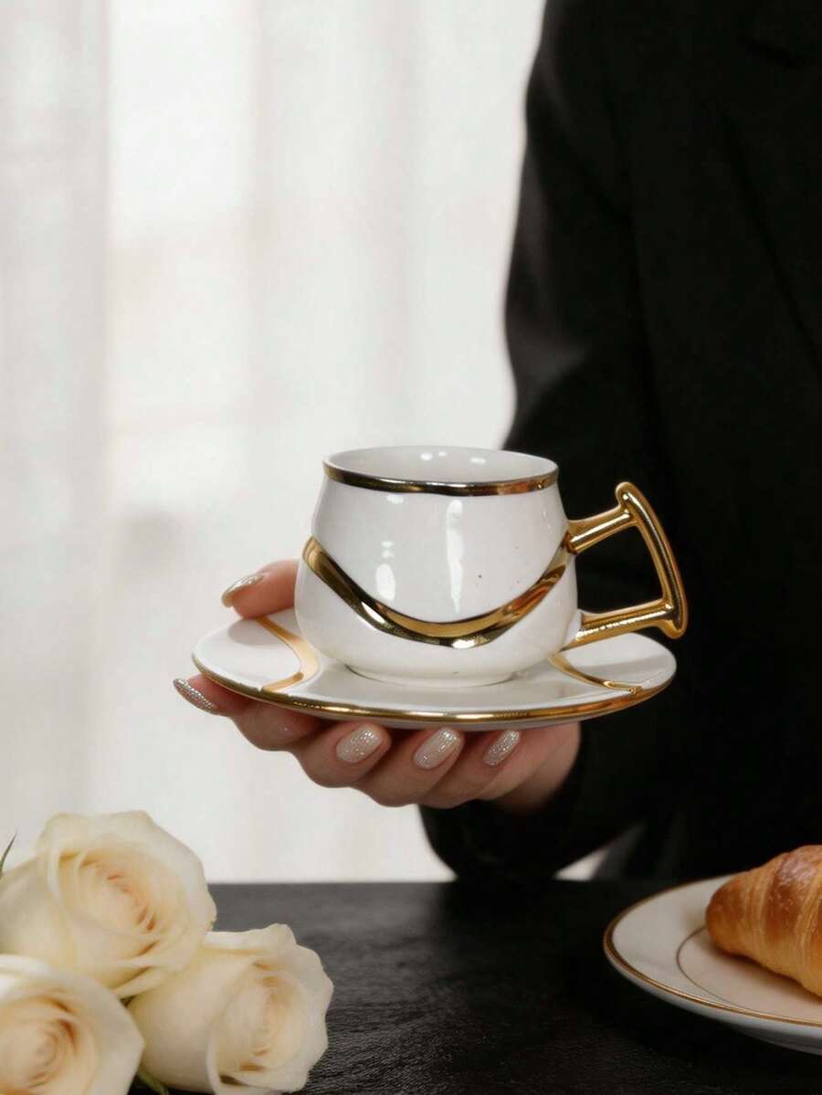 Gold Rim Ceramic Espresso Cup & Saucer Set, 90ml Luxury Gold-Inlaid Mini Ceramic Coffee Cup, Turkish Coffee Cup, Suitable For Latte Mocha, Home Kitchen Tableware, Home Decor Gift - Multicolor - View 1