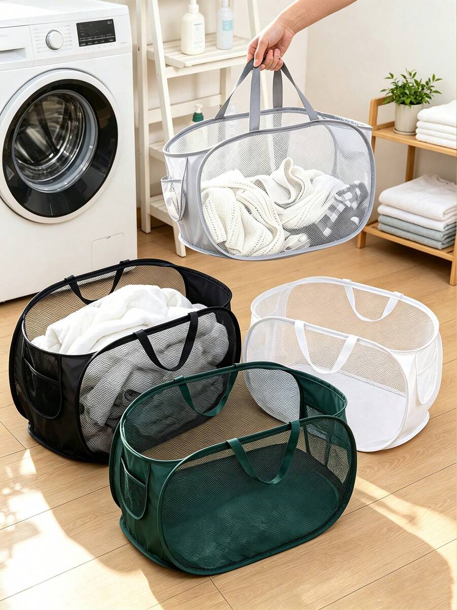 Foldable Laundry Basket With Breathable Mesh For Odor Release And Quick Fold, Large Capacity Storage Bathroom Storage Basket. Mesh Pop Up Laundry Hamper With Side Pocket, Laundry Hamper, Storage Basket, Clothes Hamper, Dirty Clothes Sorter - Multicolor - View 1