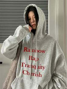 Women's Hooded Sweatshirt, Autumn/Winter New Letter Print, Drawstring Design, With Pockets, Casual Versatile Loose Fit Top, Fashion Daily Wear - Dark Gray - View 6