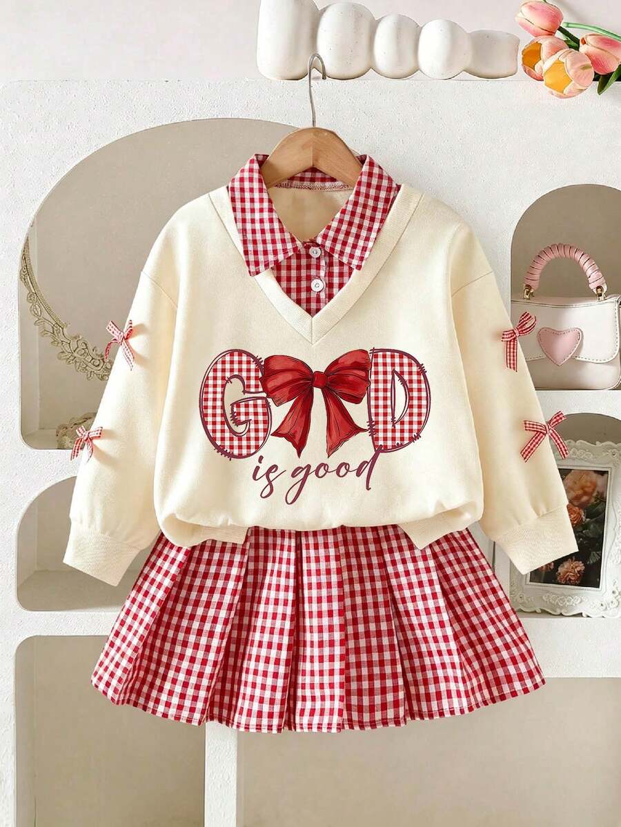 Young Girl Bow Print 2 In 1 Long Sleeve Top And Plaid Skirt - Apricot - View 1