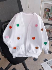 Girls Cute Heart Embroidery Long Knit Cardigan Sweater, No Buttons, Suitable For Daily Wear, Vacation, Spring, Autumn, Winter - White - View 1