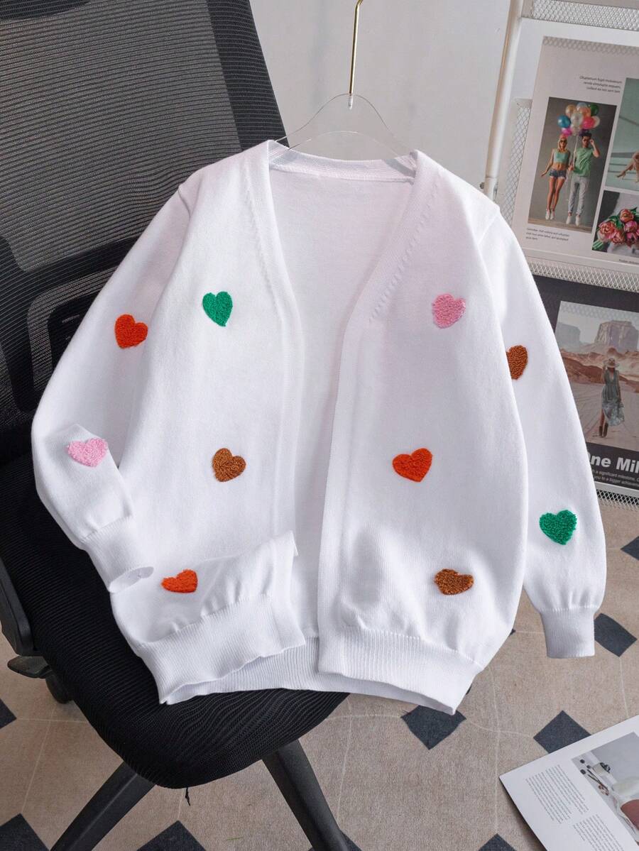 Girls Cute Heart Embroidery Long Knit Cardigan Sweater, No Buttons, Suitable For Daily Wear, Vacation, Spring, Autumn, Winter - White - View 1