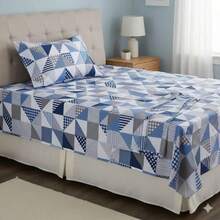 Single Sheet Set With 2 Pieces Printed Cotton Fabric With Elastic All Around And Pillowcase In Matchstick Stitch - 青碧色 - 查看 2