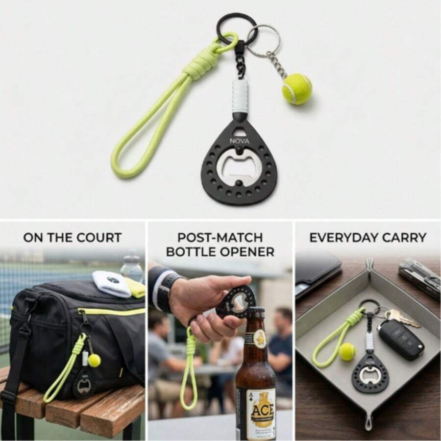 Tennis Racket Shaped Bottle Opener Keychain, Durable Metal Pocket Size Beverage Opener With Key Ring - Multicolor - View 1