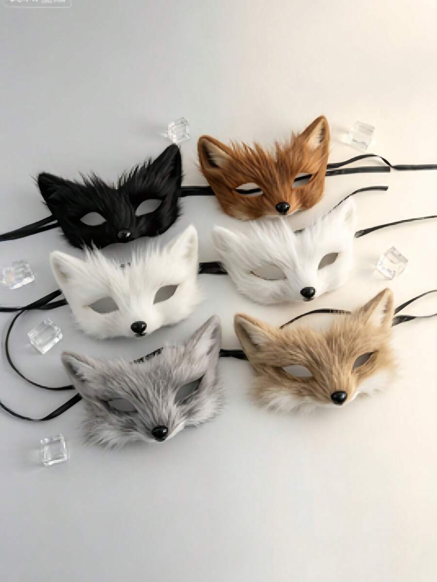 1pc Fluffy Fox Half Face Mask, Plush Animal Eye Mask With Adjustable Strap, Carnival Party Halloween Theme Costume Makeup Mask, 6 Colors Available - Multicolor - View 1