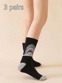 2/3 Pairs Shark Print Colorblock Mid-Calf Socks, Unisex Retro Patchwork Breathable Socks, Street Skateboard Versatile Student Slouch Socks - Multicolor - View 5