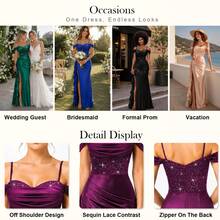 MIUSOL Elegant Women's Off Shoulder Sequin Lace Satin Maxi Dress With Side Slit, Ruffle Ruched Slim Fit Evening Gown For Formal Wedding Guest, Graduation - 藏蓝色 - 查看 9
