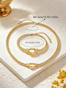 1 Set Stainless Steel Jewelry Set, Rust-Resistant Heart Bracelet And Necklace Layered Accessories For Gift And Party - Yellow Gold - View 6