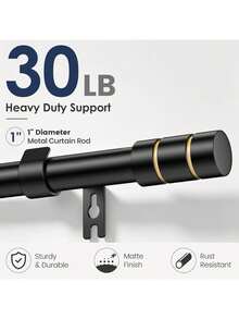 Black Curtain Rods 66-120", 1" Heavy Duty Adjustable Metal, 1 Inch Diameter, 3 Support Brackets, Black And Gold Finials, Living Rooms, Bedrooms, And Sliding Glass Doors - Star - View 3